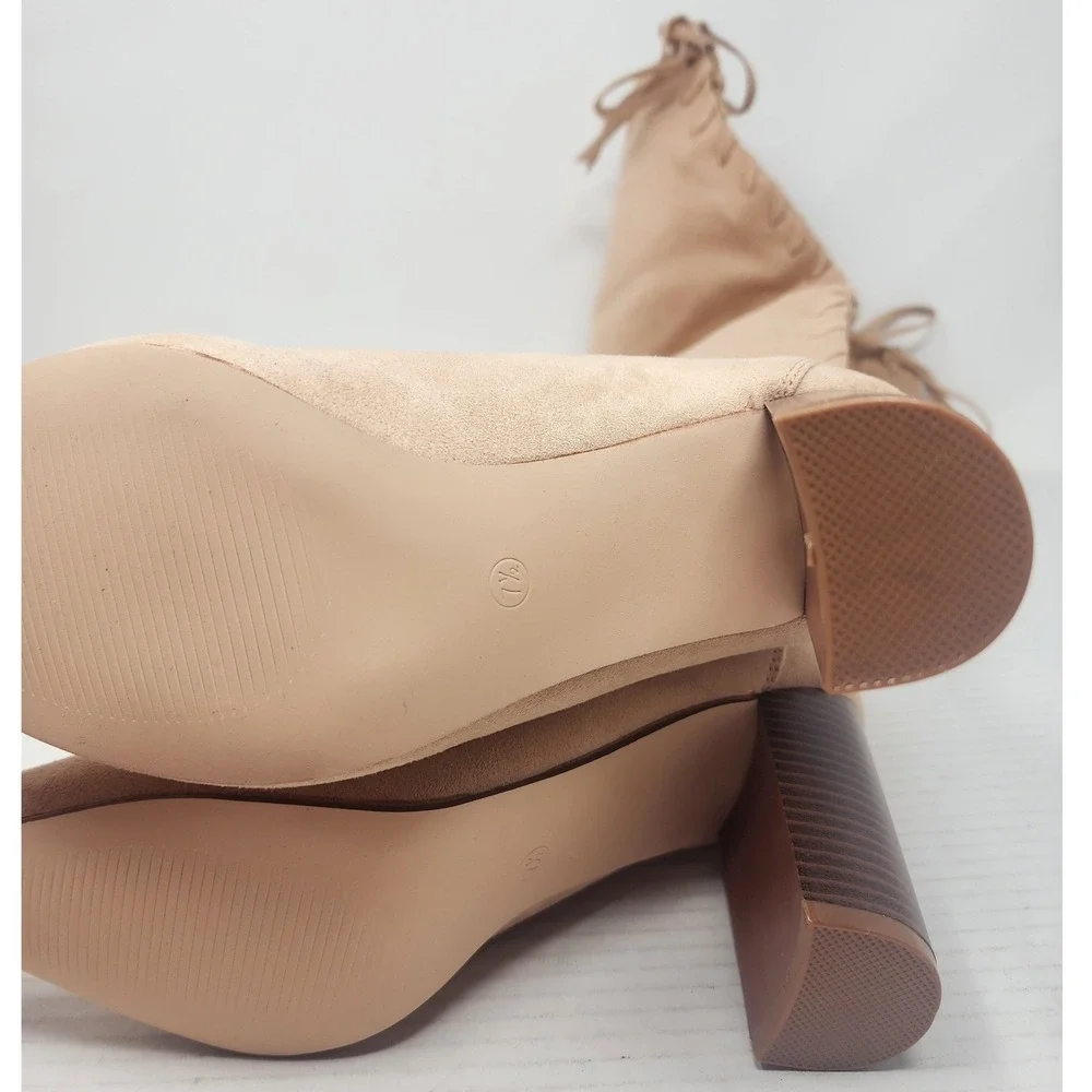 Womens Tan Faux Suede Thigh High Lace Up Back Block Heel Boots Size‎ 7.5 NEW